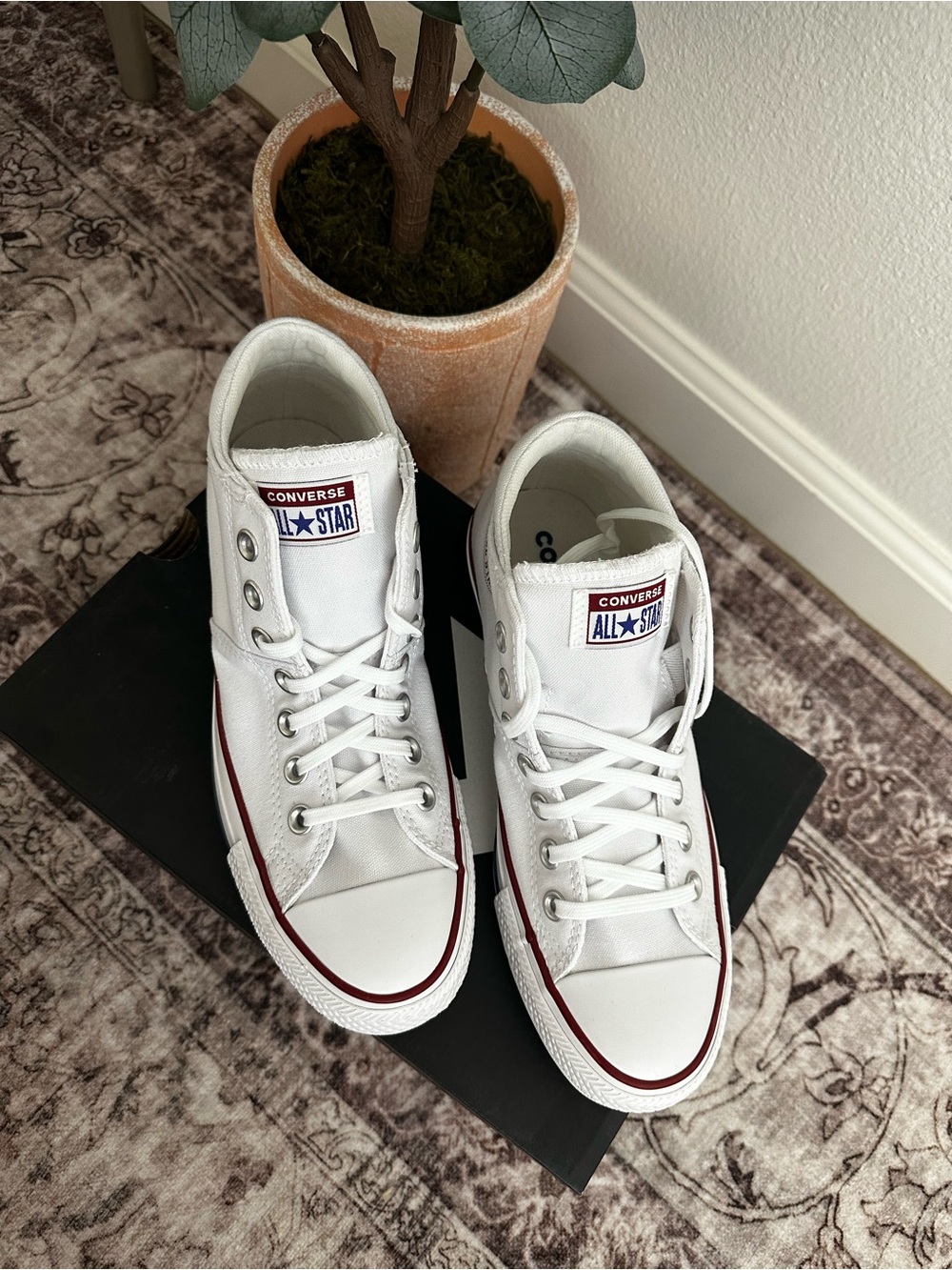 Converse White High Top Sneakers with Red Trim - Picture 2 of 6